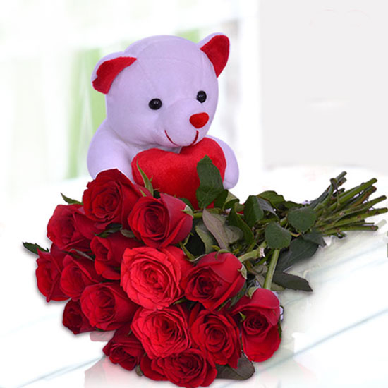 Teddy Greeting Card with Rose Bunch