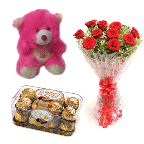 Roses Bunch  Ferrero Rocher  Card with Teddy